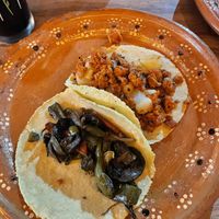 Taco chorizo con papas y alambre con setas, ambos muy ricos   at La Vegan Taqueria in Tulum