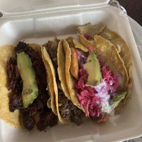 Hibiscus, Lentil and Tofish tacos  at La Vegan Taqueria in Tulum
