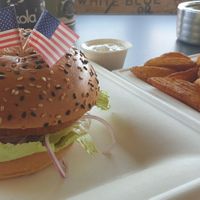 No chicken crunchy burger with wedges and sour cream dip at Tony's Diner in Horn