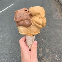 Chocolate and salted caramel vegan ice cream cone  at Portsoy Ice Cream in Banff