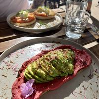 Avocado beetroot toast  at Shakar in Lisbon