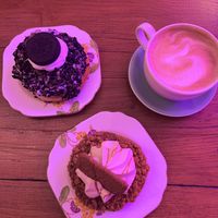 Oreo & Biscoff dougnut with an oat latte  at Doe Bakehouse - City Centre in York