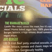Wannabe Burger Menu Description: "Looks like meat, tastes like meat, but it's not meat! Home baked vegan bun, 100% plant-based burger, lettuce, crispy onions, diced tomato&mayo. at The Good Burger in Athy