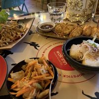 Kimchi, vegan chicken chowmein, gyoza and tofu  at Michael Wan's Wok Inn in Blackpool