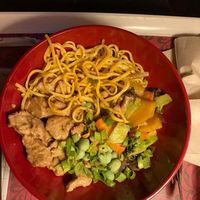 vegetarian bowl with noodles, veggies, vegan filet stripes and red curry sauce  at Europa Park - Bamboe Baai in Rust