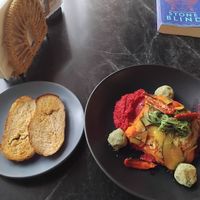Vegan ratatuille with red beet dip and vegan balls at La María in Campeche