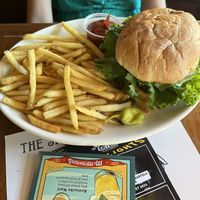 Mystic 18 burger (vegan as-is) and fries. (I know this looks like it’s just lettuce but there is a fat patty, melted chao cheese, and all the fixings in there too!)  at McMenamins  in Olympia