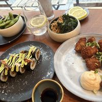 Seitan balls, mushroom sushi, don buri and edamame   at brEAThe Restaurant | Sushi végétal à Paris in Paris