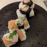 Plum & wasabi nigiri (background), lacquered daikon nigiri (foreground) at brEAThe Restaurant | Sushi végétal à Paris in Paris