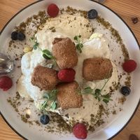 Cauliflower steak with fried cashew cheese and a delicious white sauce.  at A Bruxa D'Évora in Evora