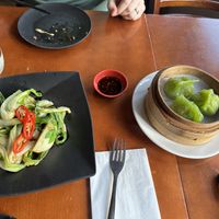Pak Choi in garlic 🧄 sauce and vegan dumplings 🥟 Yum!   at LuLu Shanghai Delicacy & Sake Bar in North London
