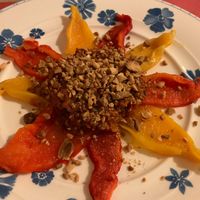 Sundries tomatoes tartare with hazelnuts and oven roasted peppers at L'Angolo Divino in Acqui Terme