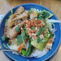 Rice noodles with tofu and spring rolls at Nguyen's Pho House in Vienna