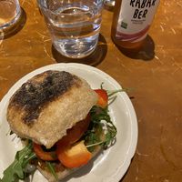 vegan sandwich with tomato tapenade, tomato, rucula, capsicum and olives   at Broder Jakobs Stenugnsbageri in Lund