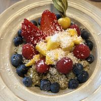 Matcha & coconut porridge  at Mae Aurel in Vienna