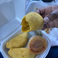 Vegan empanadas and yes I’m eating in the car because the food smelled so good that I couldn’t wait to dig in lol  at Hello Chicken in Pineville
