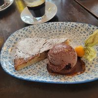 Tarte de Santiago with vegan icecream (not on the menu and not always available) at Bodega Bühlot in Buehl