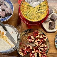 Quiche (asparagus, pepper, and cheddar), strawberry tarts, Lamingtons, cake pops, blueberry muffins, coconut cake at Maximum Zen in Clarks Summit