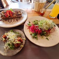 Plates of food at Aguacate Veggie Bar in San Cristobal De Las Casas