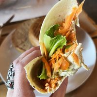 Roll with carrots, fried bell peppers, hummus and lettuce. So-so. at The Green Bean Cascade in Yerevan