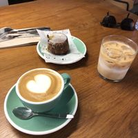 Flat white, iced latte and carrot cake   at Surry Hills Coffee in Mallorca