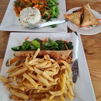 burrito&fries + curry + samosas at M&J Cafe  in Zanzibar