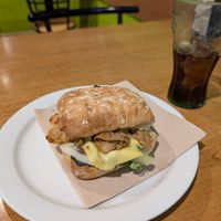 sandwich with vegan cheese and vegan chicken at Galp in Medina Del Campo