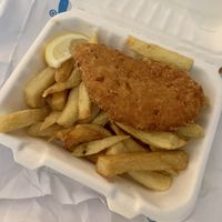 Battered pea protein fish and chips  at Bampton Street Fish Bar in Minehead