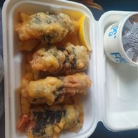 Banana blossom fish,chips and gravy at Bampton Street Fish Bar in Minehead