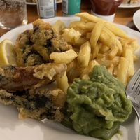 Vegan fish (battered banana blossom wrapped in nori sheets) chips and mushy peas  at Bampton Street Fish Bar in Minehead