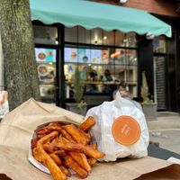 Ziggy burger with sweet potato fries  at HipCityVeg - Union Square in New York City