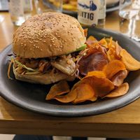 Pulled jackfruit sandwich with sweet potato fries at Nandala in Cuenca