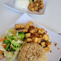 Our dinner. Ma Ma Tofu and Lemongrass Tofu at Loving Hut Vegan Express (City Heights) in San Diego