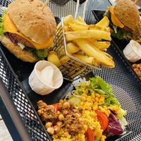 Vegan burger with fries and salad  at Bistro LaForge in Saint-pardoux