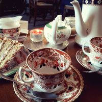 Raspberry, rose and  vanilla cake with filter coffee. at Tea by the Lock in York