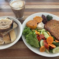 Vegan omelet with oat cappuccino   at Nuna Talpiot in Haifa