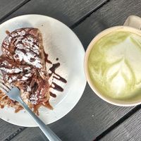 Almond/ choco babka, soy milk matcha  at Casa Xoxoctic in San Salvador