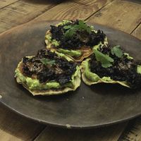 Tostadas de flor de jamaica con guacamole, salsa macha. at Pancho Maiz  in Merida