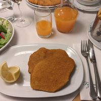 The vegan schnitzel with fries and the Austrian apricot drink. at Figlmüller in Vienna