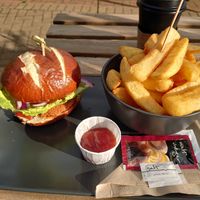 Vegan burger and chips at The Willow Tree Cafe in Brixworth