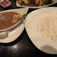 Fesenjan stew, basmati rice (no butter) and a side of grilled veggies (same as the veggie kabob)   at Pomegranate On Main in Greenville