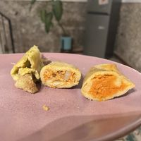 Chicharrón verde, potato chickpea, and spicy tinga   at Manik Bal in Merida