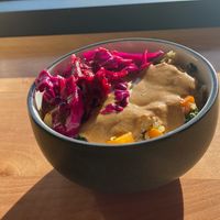 Roasted Vegetable Bowl with quinoa, seasonal veggies, beet cabbage slaw and almond sauce.  GF, DF, V at Ants on a Log Cafe in Corvallis