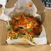 Tofish and Stir Fried Veg with Singapore noodles  at Bamboo Basket in Epsom