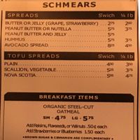 Except for the plain bagels, this wall menu lists most of the available vegan items in this store (though note that butter and "Nova Scotia" aren't vegan). at Zucker's Bagels in New York City