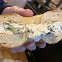Plain bagel with tofu chive cream cheese  at Zucker's Bagels in New York City