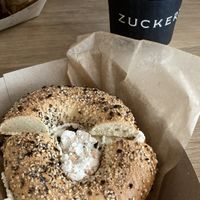 Everything Bagel with veggie tofu spread  at Zucker's Bagels in New York City
