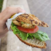 Salmon Guacamole (seeded bread with vegan smoked salmon, guacamole, tomato, lattuce, black sesame and vegan mustard sauce) at Pans & Company in Valencia
