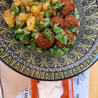 Falafel portion with potato salad and vegan mayo at Tabule Rasa in Corfu