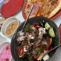 Greek Salad + Dips (Tzaziki, Babaganoush)  at Tabule Rasa in Corfu